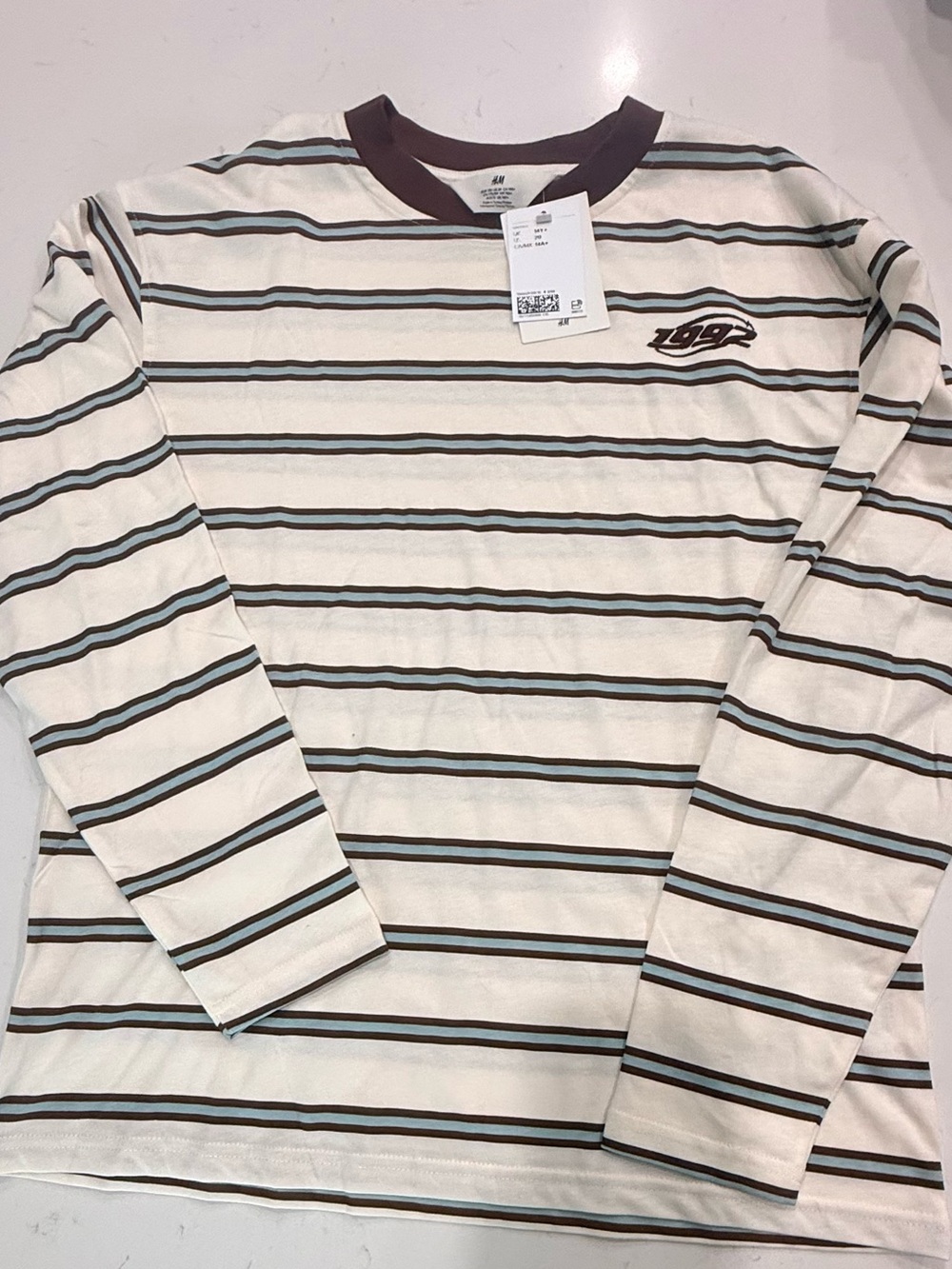 H&M Cream Striped Long-Sleeve Crewneck Brown Trim size 20 youth, adult sm/med